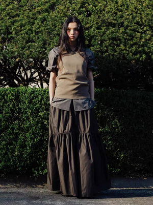 现货PREON工厂自制夏季新款松弛格纹短袖衬衫松紧腰长半裙monoha