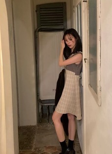 在制PREON工厂自制秋冬新款 复古少女蕾丝格纹拼接连衣裙via同款