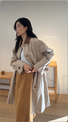 PREON工厂自制早春新款时髦简约撞色翻领宽松休闲风衣外套monoha