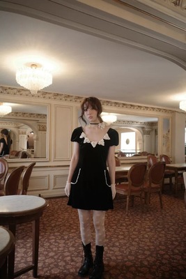 现货PREON工厂自制早春新款氛围感立体花朵丝绒短袖连衣裙fletta