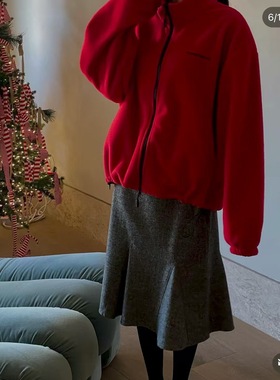 现PREON工厂自制秋冬新款简约百搭摇粒绒立领外套鱼尾半裙smooth