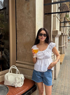 现货PREON工厂自制夏季新款精美花边系带圆领泡泡袖上衣elborn