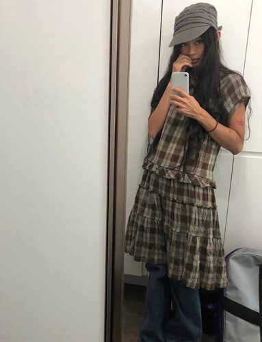 现货PREON自制夏季新款娃娃领短袖格纹连衣裙coy同款