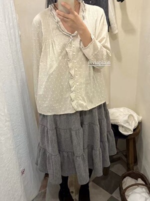 现货PREON工厂自制高级全棉质感花边轻薄长袖衬衫v领纽扣松弛感