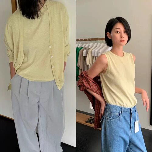 现货PREON工厂自制早春明亮黄舒适百搭针织背心开衫套装moondal