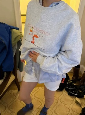 现PREON工厂自制秋季新款可爱复古滑雪印花圆领休闲卫衣ribbonbit