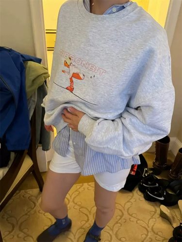 现PREON工厂自制秋季新款可爱复古滑雪印花圆领休闲卫衣ribbonbit