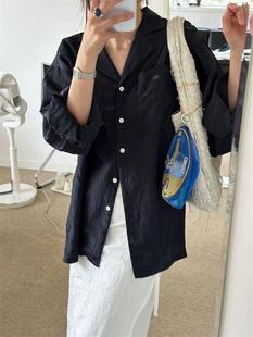 现货PREON工厂自制Ribbonbit同款气质纯色翻领长袖轻薄防晒衬衫