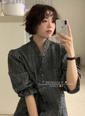 现货PREON工厂自制新款复古荷叶边格纹中袖衬衫