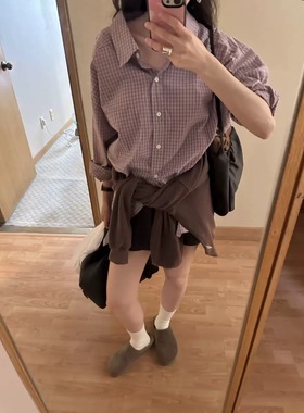 现货PREON工厂自制秋季新款马卡龙色系格纹休闲宽松衬衫ribbonbit