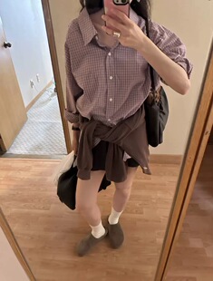 现货PREON工厂自制秋季新款马卡龙色系格纹休闲宽松衬衫ribbonbit