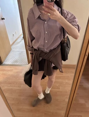 现货PREON工厂自制秋季新款马卡龙色系格纹休闲宽松衬衫ribbonbit