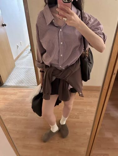 现货PREON工厂自制秋季新款马卡龙色系格纹休闲宽松衬衫ribbonbit