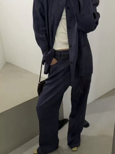 现货PREON自制高级时髦感薄款单宁蓝色休闲长裤amomento