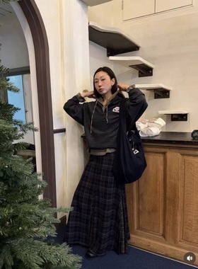 现货PREON工厂自制秋冬新款高质感100%羊毛高腰复古格纹半裙via风