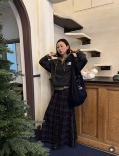 现货PREON工厂自制秋冬新款 高质感100%羊毛高腰复古格纹半裙via风