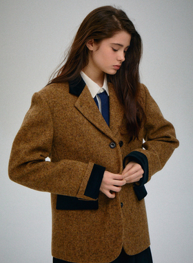 现货PREON工厂自制秋冬高级感羊毛拼接撞色西装外套farven同款