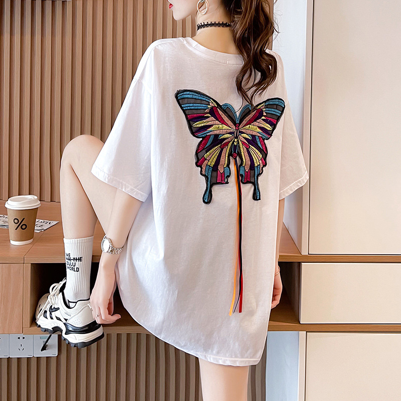  大码女装2022夏季韩版宽松下身失踪重工刺绣蝴蝶中长款短袖T恤女