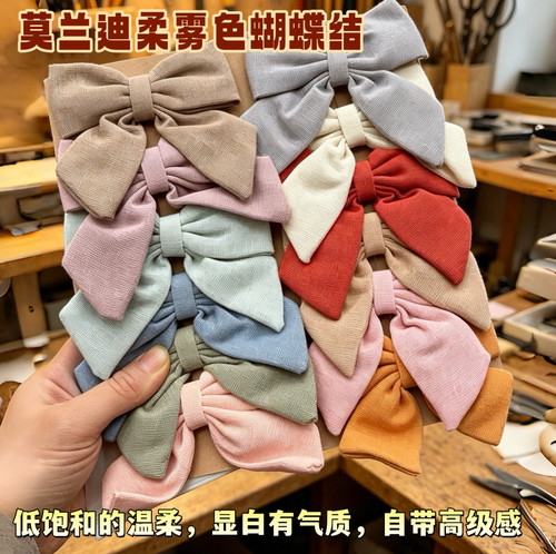 12只装莫兰迪色系蝴蝶结发夹韩版亚麻蝴蝶结双层缝制顶夹装饰头饰