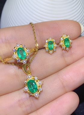 银镀金戒指耳钉天然祖母绿吊坠