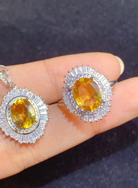 活圈925银镀白金 黄水晶  戒指8*10mm 吊坠7*9mm 空托 LBJ-D704