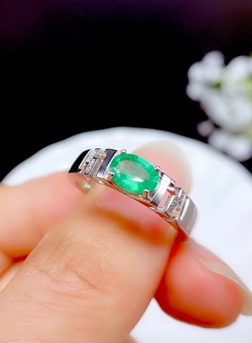 活圈925纯银镀白金祖母绿戒指