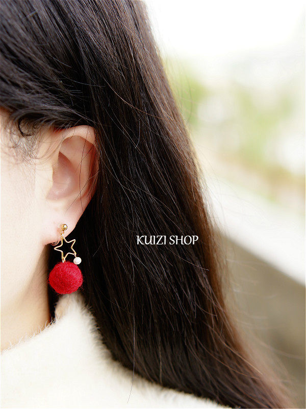 葵子手作 秋冬圣诞 14k包金星星小珍珠 酒红羊毛毡气质耳环耳夹