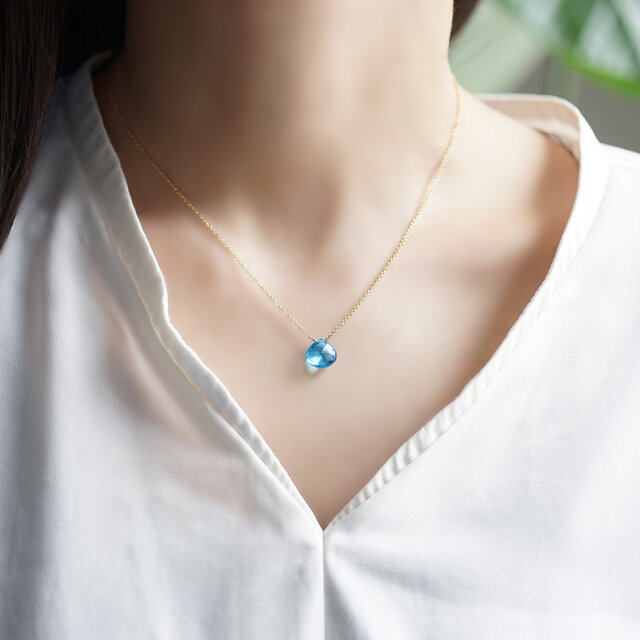 葵子手作 日式轻奢珠宝 天空蓝清透心形石英石14k包金锁骨链项链
