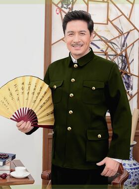 军绿色中山装爷爷装爸爸中山服中老年男春秋冬中国风民族外套套装