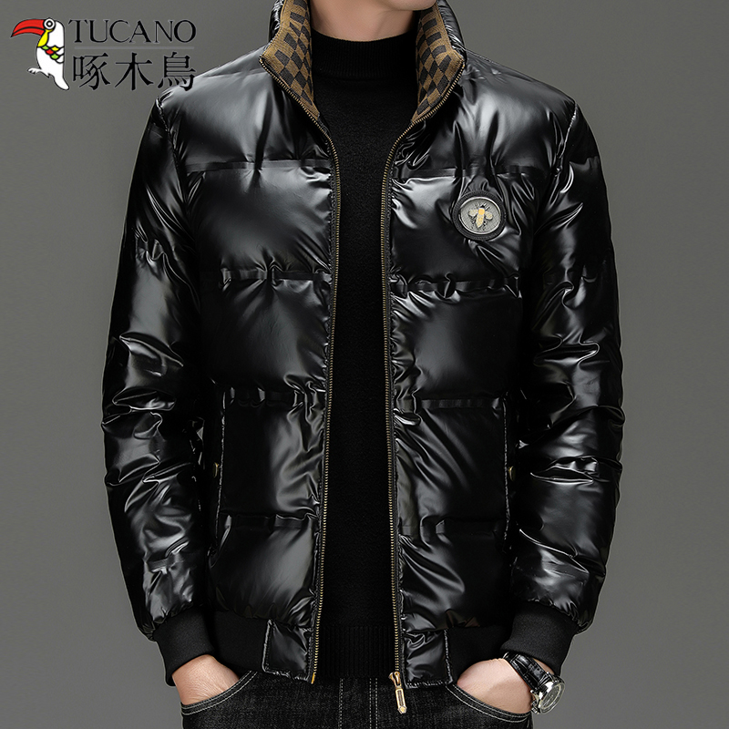 啄木鸟冬季非国标PU皮羽绒服男款亮面免洗加厚保暖短款男士外套潮