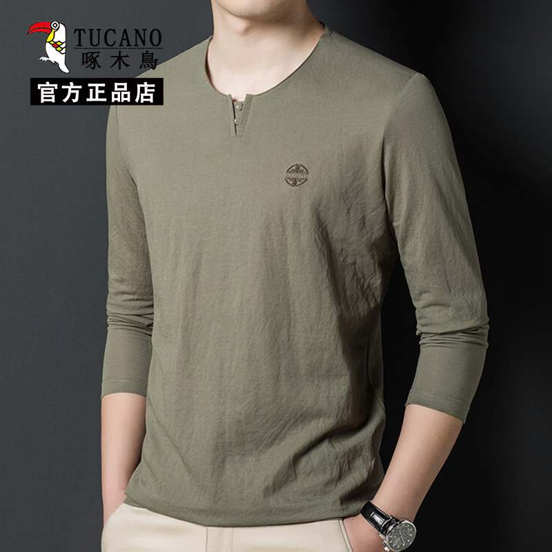 啄木鸟圆领新疆棉长袖t恤男春秋季打底衫中年爸无领秋衣男士体恤