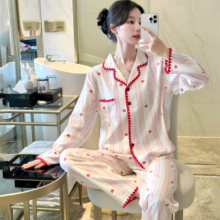 纯棉套装 韩式 家居服女款 甜美爱心条纹双层棉纱女士睡衣夏季 新款
