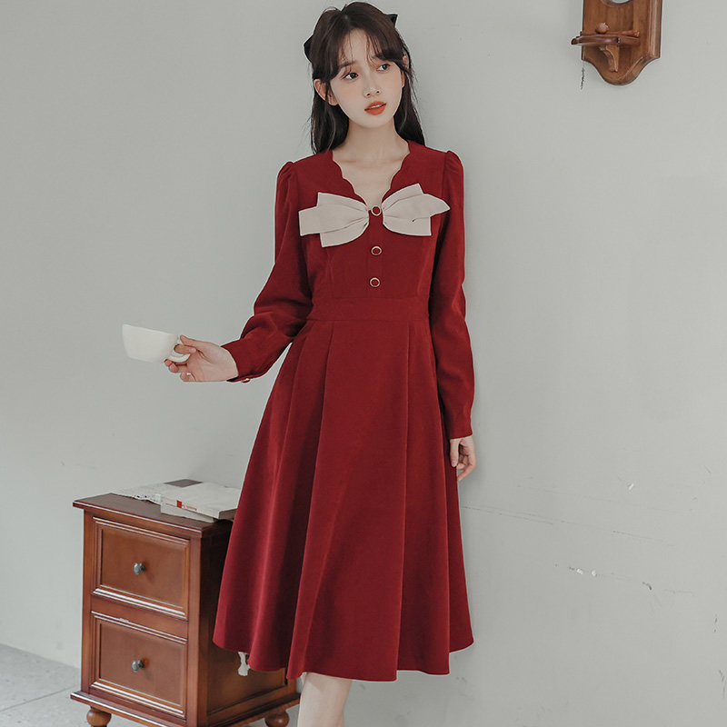 法式复古立体蝴蝶结连衣裙女秋冬连衣裙