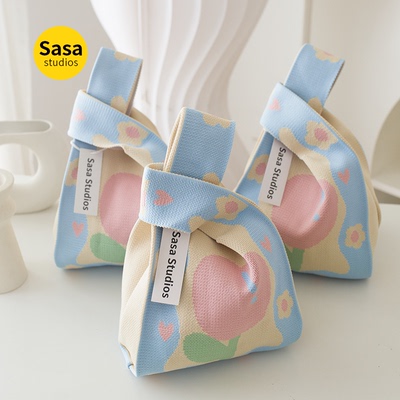 三八女神节加厚针织手提包便携礼袋伴手礼手拎包郁金香花朵针织包