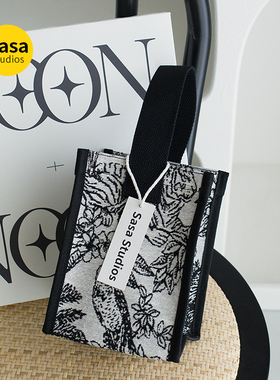 新款小众ins斜跨大容量购物袋复古提花手提妈咪包帆布单肩托特包