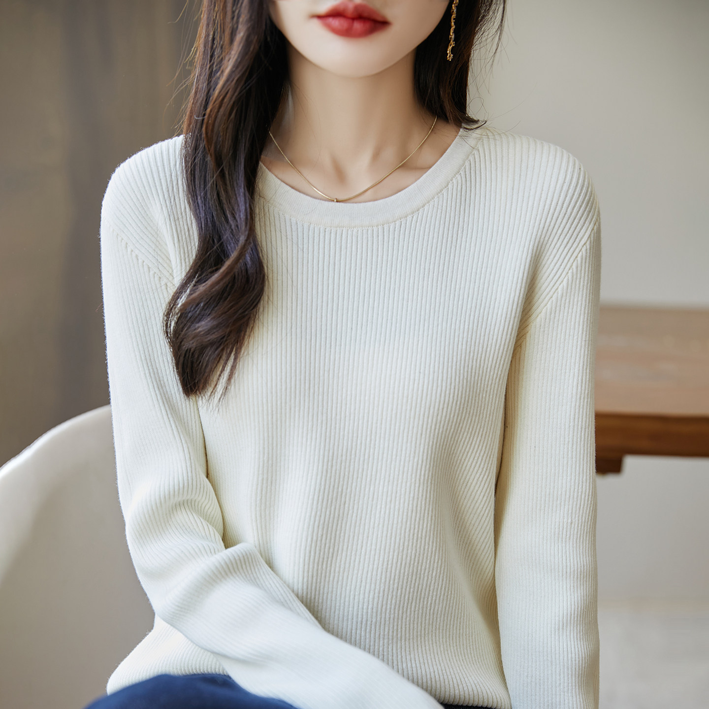 不起球100%纯棉针织衫女春秋冬季新款紧身打底衫圆领套头修身毛衣