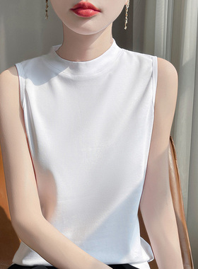 新疆长绒棉！T恤女白色无袖立领内搭半高领100%纯棉夏季薄款背心