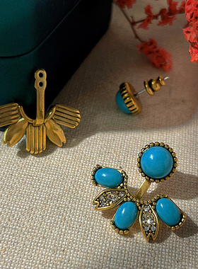 欧美复古花朵耳钉天然蓝松石耳环女镶嵌气质小众高级感做旧耳饰