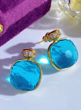 新款方块彩色宝石水晶耳钉女小众文艺高级感气质简约通勤耳环耳饰