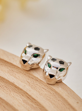 亮面花豹子头耳钉女镀金黑釉时尚个性绿眼男女同款猎豹耳环耳饰