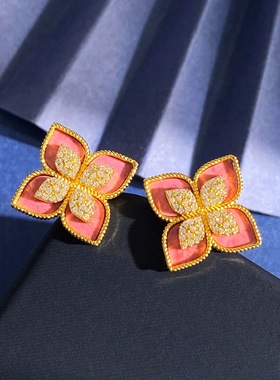 全新配色诱人的蔷薇粉四叶草耳钉女菱形花朵镶钻耳环精致吊坠耳饰