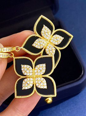 四叶草菱形花朵满钻耳环女气质小众波西米亚百搭白贝母吊坠耳饰