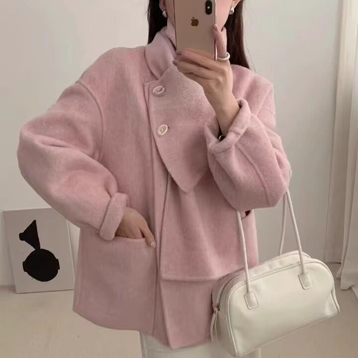 反季清仓韩系围巾粉色双面羊毛大衣女短款高级感双面呢羊毛呢外套