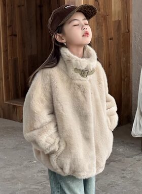 女童皮毛一体毛毛外套2025新款秋冬中大童毛呢大衣短款加绒上衣