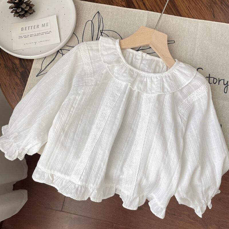 春秋女童装长袖衬衫宝宝儿童潮韩版提花娃娃领花边白衬衣花边领