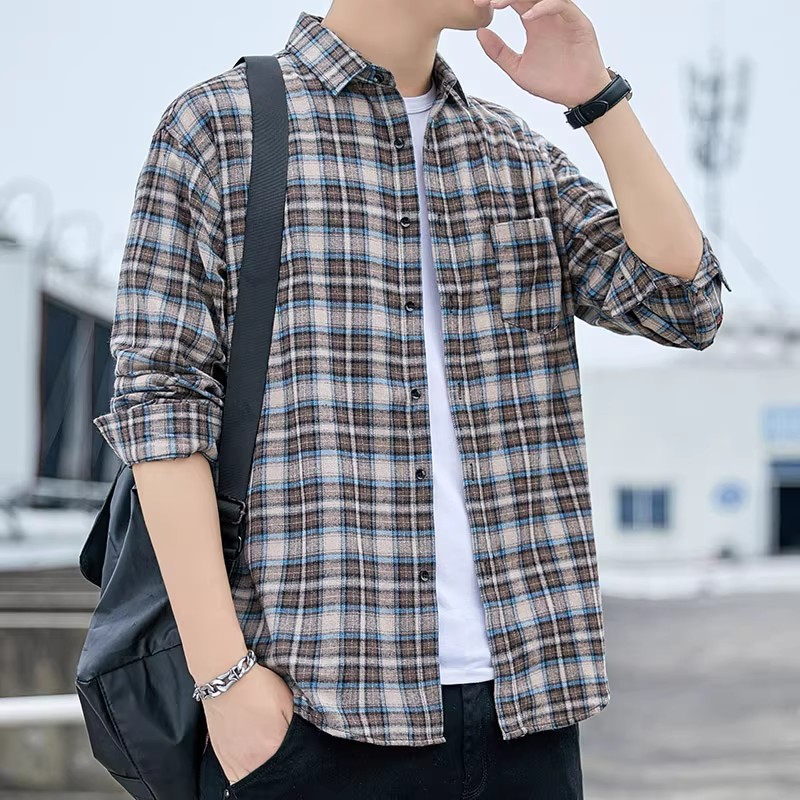潮流男装正品旗舰官店长袖格子男士衬衫休闲衬衣男款外套上衣服