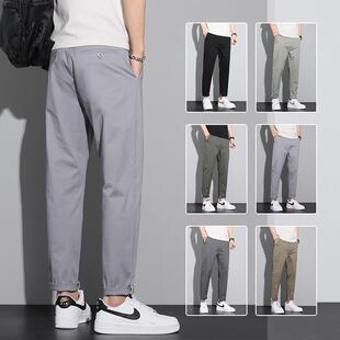 YISHION以纯夏季精梳棉男休闲裤直筒修身潮流商务灰绿色西装长裤