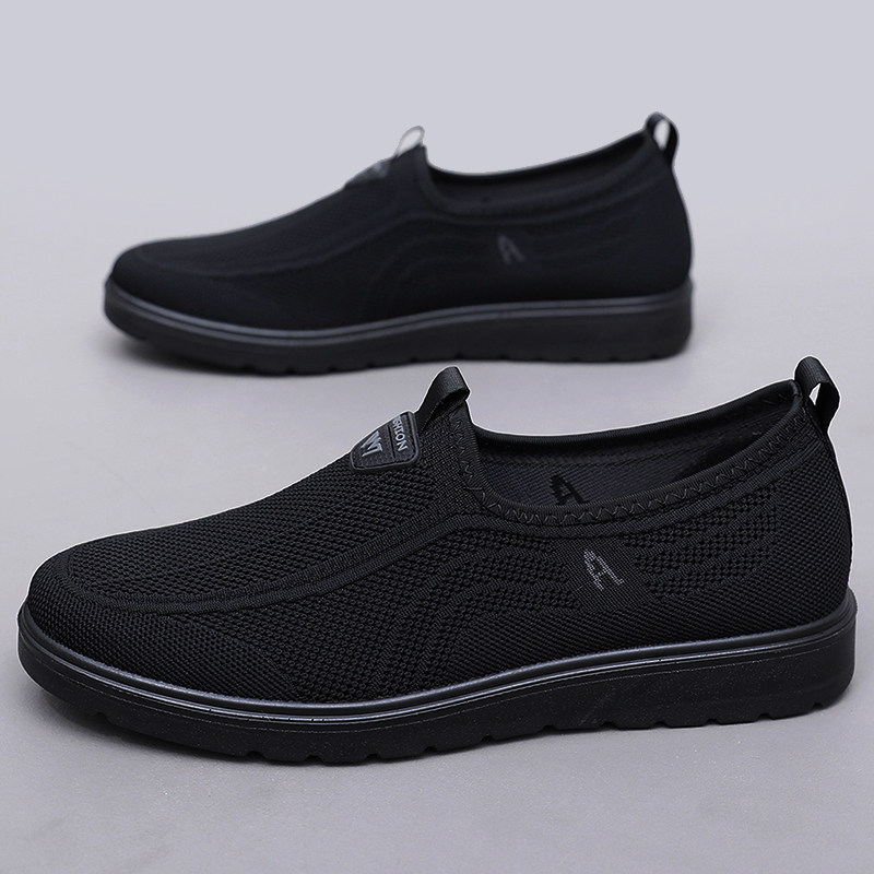 老北京布鞋男春秋款飞织透气鞋面软底轻便一脚蹬中老年爸爸鞋休闲