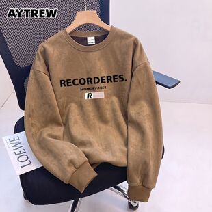 AYTREW美式潮流圆领卫衣男女款秋冬季鹿皮绒潮牌宽松时尚百搭外套