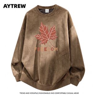 AYTREW秋季印花卫衣鹿皮绒外穿打底衫男女港风美式休闲通勤上衣潮